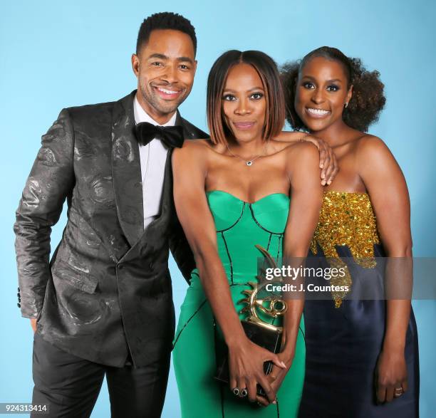 Jay Ellis, Yvonne Orji and Issa Rae pose for a portrait backstage during the 2018 American Black Film Festival Honors Awards at The Beverly Hilton...