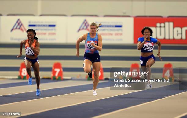 Marie Josee Ta Lou of Ivory Coast, Dafne Schippers of Netherlands and Quanesha Burks of USA compete in the womens 60m heats during the Muller Indoor...