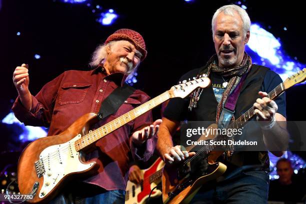 Rock and Roll Hall of Fame member David Crosby , founder of The Byrds and Crosby, Stills and Nash, and Jeff Pevar perform onstage during the One 805...