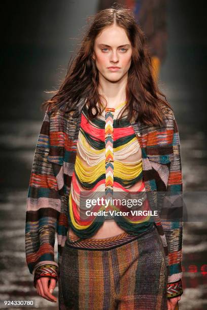 Model walks the runway at the Missoni Ready to Wear Fall/Winter 2018-2019 fashion show during Milan Fashion Week Fall/Winter 2018/19 on February 24,...