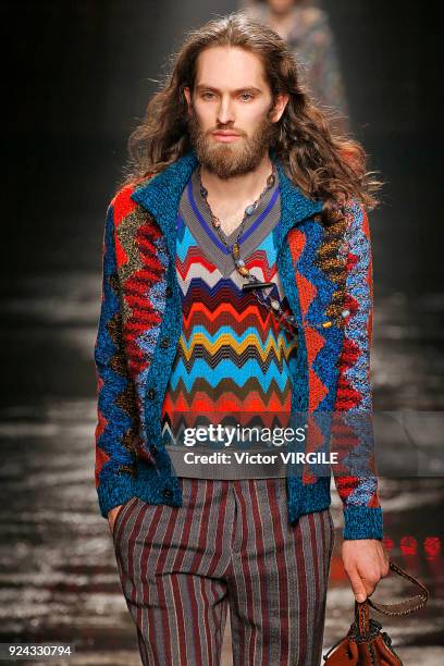 Model walks the runway at the Missoni Ready to Wear Fall/Winter 2018-2019 fashion show during Milan Fashion Week Fall/Winter 2018/19 on February 24,...