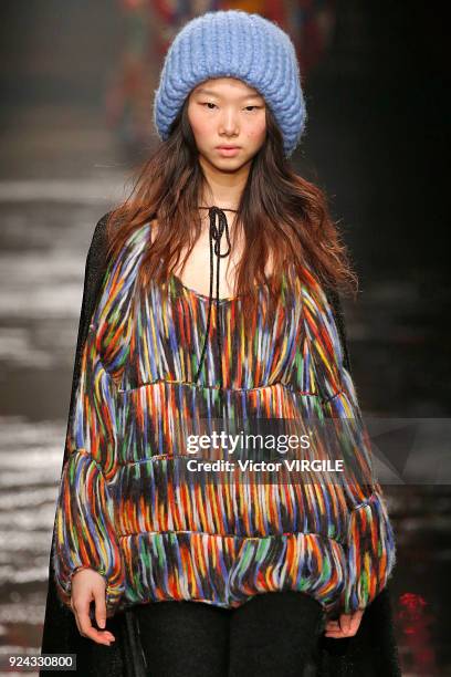 Model walks the runway at the Missoni Ready to Wear Fall/Winter 2018-2019 fashion show during Milan Fashion Week Fall/Winter 2018/19 on February 24,...