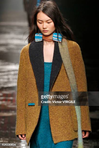 Model walks the runway at the Missoni Ready to Wear Fall/Winter 2018-2019 fashion show during Milan Fashion Week Fall/Winter 2018/19 on February 24,...