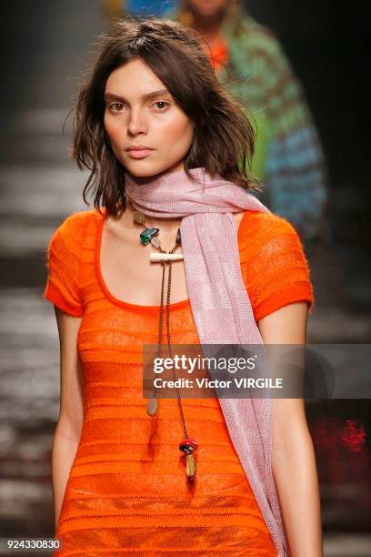 Model walks the runway at the Missoni Ready to Wear Fall/Winter 2018-2019 fashion show during Milan Fashion Week Fall/Winter 2018/19 on February 24,...