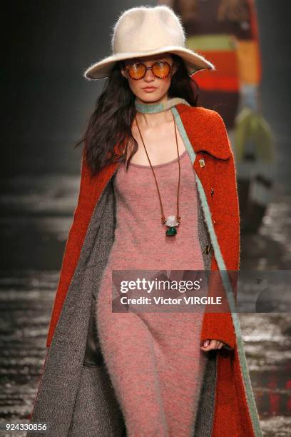 Model walks the runway at the Missoni Ready to Wear Fall/Winter 2018-2019 fashion show during Milan Fashion Week Fall/Winter 2018/19 on February 24,...