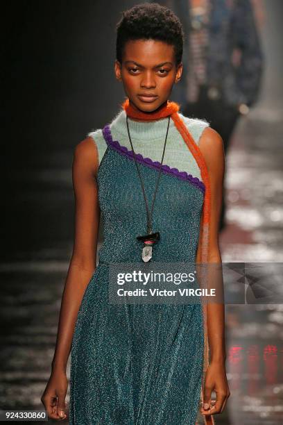 Model walks the runway at the Missoni Ready to Wear Fall/Winter 2018-2019 fashion show during Milan Fashion Week Fall/Winter 2018/19 on February 24,...