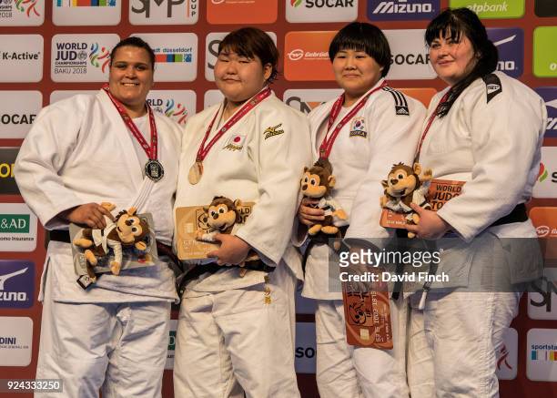 Over 78kg medallists L-R: Silver; Nihel Cheikh Rouhou , Gold; Sarah Asahina , Bronzes; Hayun Kim and Iryna Kindzerska during the 2018 Dusseldorf...