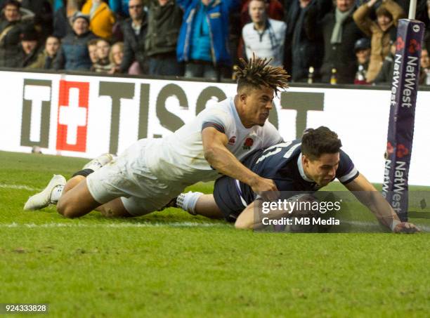 Scotland's Sean Maitland dives over the line to score his side's 2nd try during the 6 Nations clash between Scotland and England at BT Murrayfield on...