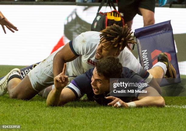 Scotland's Sean Maitland scores his side's 2nd try during the first half of the 6 Nations clash between Scotland and England at BT Murrayfield on...