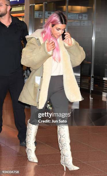 Kim Kardashian is seen upon arrival at Haneda Airport on February 26, 2018 in Tokyo, Japan.