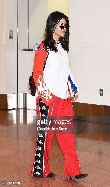 Kourtney Kardashian is seen upon arrival at Haneda Airport on February 26, 2018 in Tokyo, Japan.
