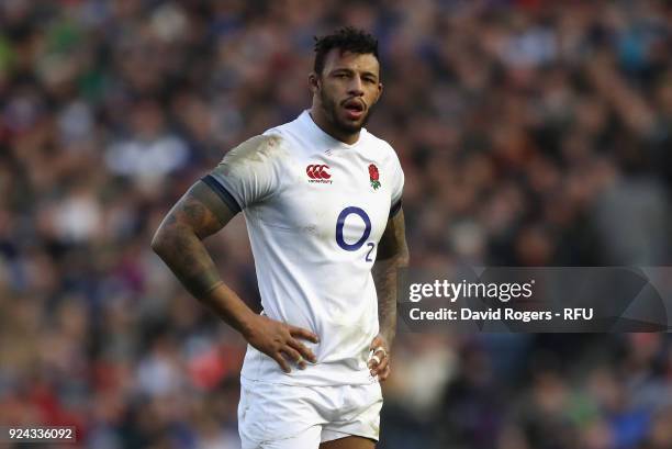 Courtney Lawes of England looks on during the NatWest Six Nations match between Scotland and England at Murrayfield on February 24, 2018 in...