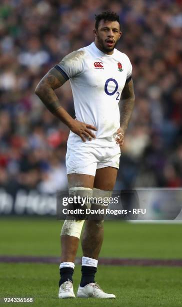 Courtney Lawes of England looks on during the NatWest Six Nations match between Scotland and England at Murrayfield on February 24, 2018 in...