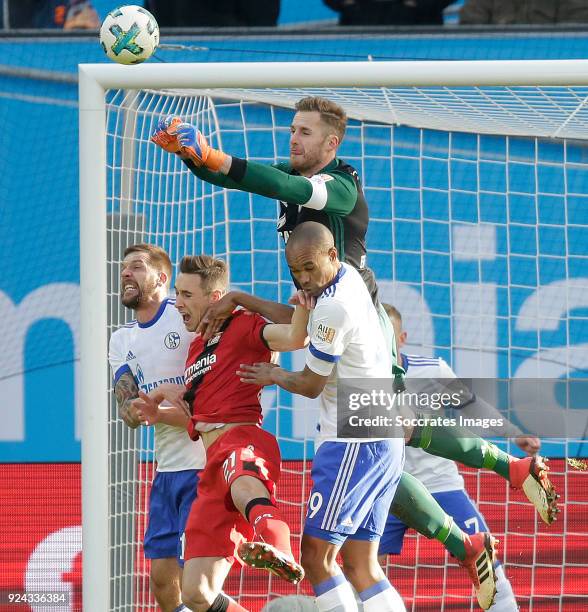 Guido Burgstaller of Schalke 04 , Dominik Kohr of Bayer Leverkusen , Ralf Fahrmann of Schalke 04 , Naldo of Schalke 04 during the German Bundesliga...