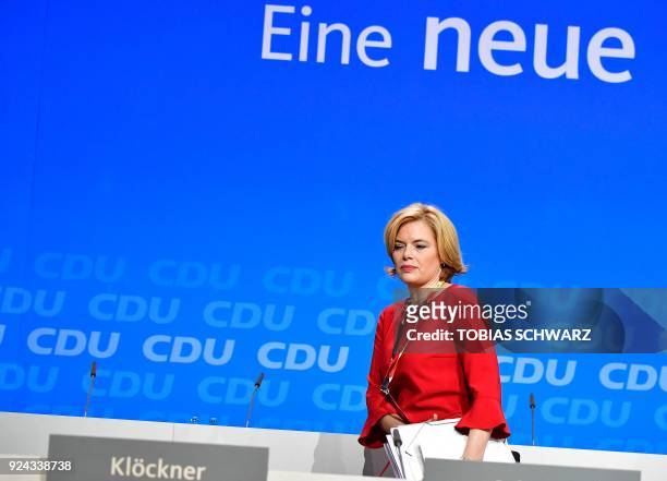 Rhineland-Palatinate's CDU leader and designated German Agriculture Minister Julia Kloeckner is pictured prior to the conservative Christian...