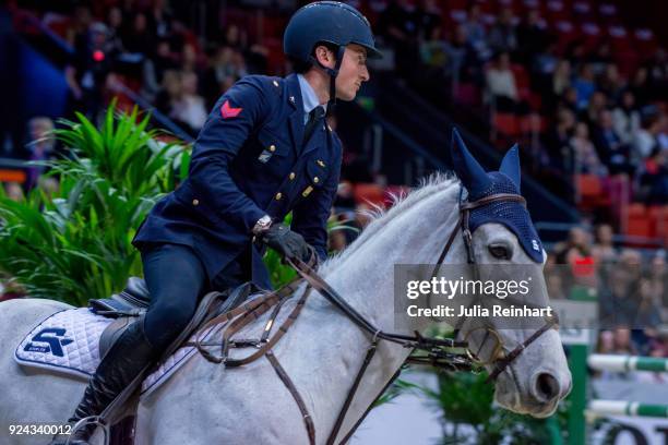 Italian equestrian Lorenzo di Luca on Limestone Grey rides in the Accumulator Show Jumping Competition during the Gothenburg Horse Show in...