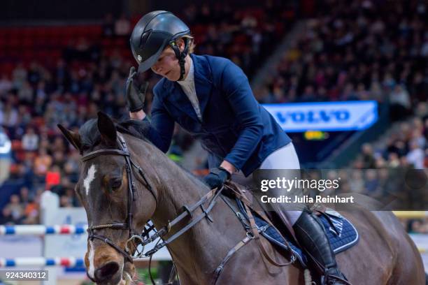 Finnish equestrian Satu Liukkonen on Celestine rides in the Accumulator Show Jumping Competition during the Gothenburg Horse Show in Scandinavium...