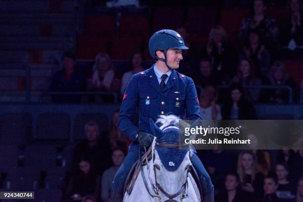 Italian equestrian Lorenzo de Luca on Limestone Grey rides in the Accumulator Show Jumping Competition during the Gothenburg Horse Show in...
