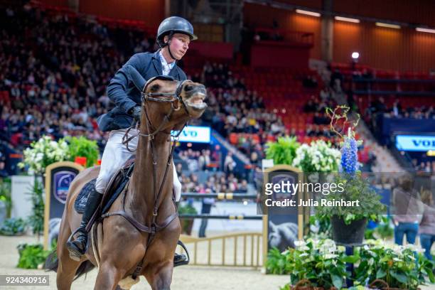 Swedish equestrian Douglas Lindelow on Jezebel rides in the Accumulator Show Jumping Competition during the Gothenburg Horse Show in Scandinavium...