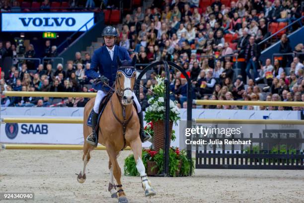 Dutch equestrian Francois jr Mathy on Falco van de Clehoeve rides in the Accumulator Show Jumping Competition during the Gothenburg Horse Show in...