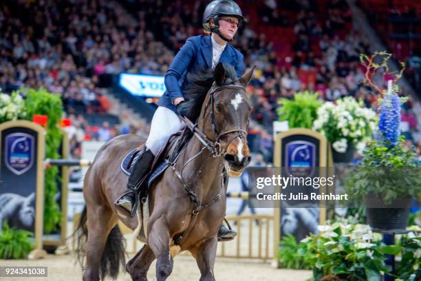 Finnish equestrian Satu Liukkonen on Celestine rides in the Accumulator Show Jumping Competition during the Gothenburg Horse Show in Scandinavium...