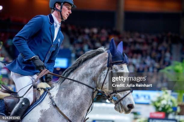 German equestrian Daniel Deusser on Cornet rides in the Accumulator Show Jumping Competition during the Gothenburg Horse Show in Scandinavium Arena...