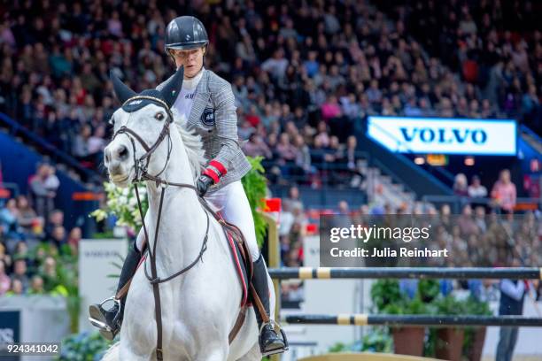 Swedish equestrian Malin Baryard-Johnsson on H&M Second Chance rides in the Accumulator Show Jumping Competition during the Gothenburg Horse Show in...