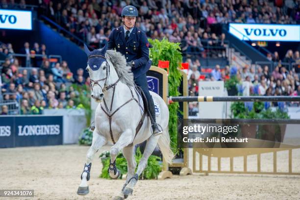 Italian equestrian Lorenzo de Luca on Limestone Grey rides in the Accumulator Show Jumping Competition during the Gothenburg Horse Show in...