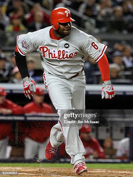 Ryan Howard of the Philadelphia Phillies runs runs to first base after hitting a double against the New York Yankees in Game One of the 2009 MLB...