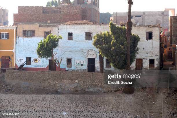 casas por río nilo con fachada pintada, aswan-luxor, egipto - meta turistica fotografías e imágenes de stock