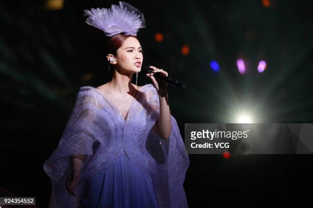 Singer Rainie Yang performs on the stage in her concert at Hong Kong Coliseum on February 25, 2018 in Hong Kong, Hong Kong.