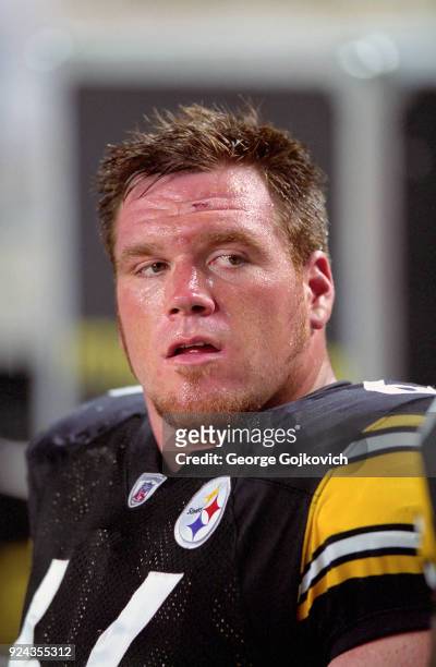 Offensive lineman Alan Faneca of the Pittsburgh Steelers looks on from the sideline during a preseason game against the New York Jets at Heinz Field...
