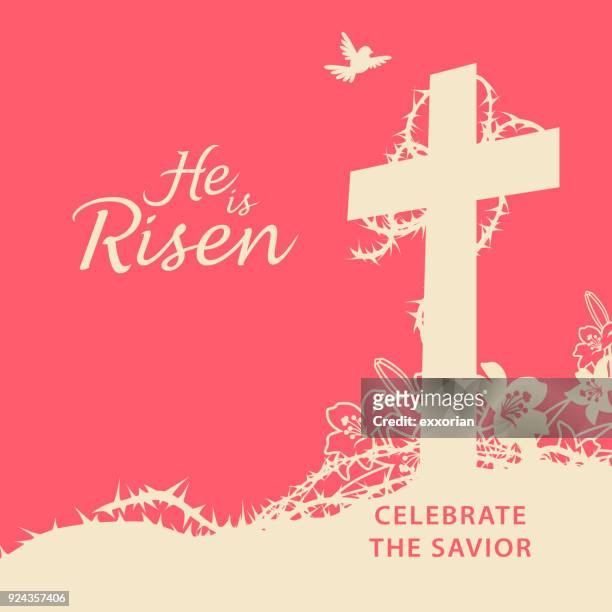 he is risen celebrate the savior - easter lilies and cross stock illustrations