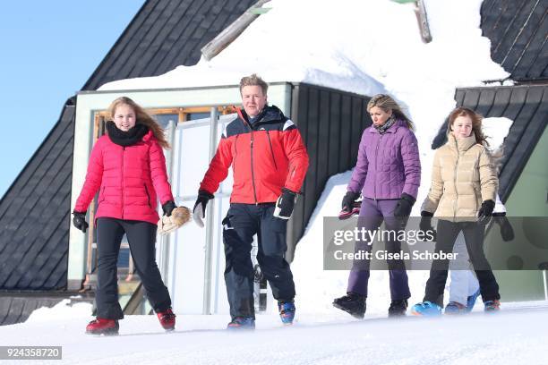 Crown Princess Catharina-Amalia of The Netherlands poses with her father King Willem-Alexander of The Netherlands and mother Queen Maxima of The...