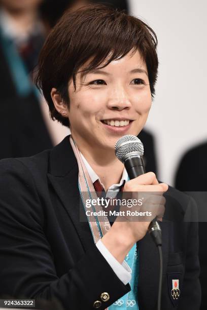 Nao Kodaira speaks during the PyeongChang Winter Olympic Games Japan Team press conference on February 26, 2018 in Tokyo, Japan.