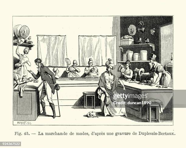 dressmaker's shop, france early 19th century - hat maker stock illustrations