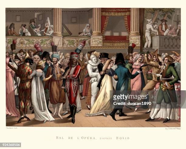 costume party at the opera, french, late 18th century - evening ball stock illustrations