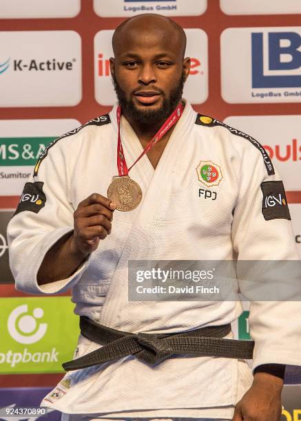 Under 100kg bronze medallist, Jorge Fonseca of Portugal shows his medal during the 2018 Dusseldorf Grand Slam at the ISS Dome, Dusseldorf, Germany,...