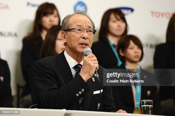 Chef de Mission Yasuo Saito speaks during the PyeongChang Winter Olympic Games Japan Team press conference on February 26, 2018 in Tokyo, Japan.