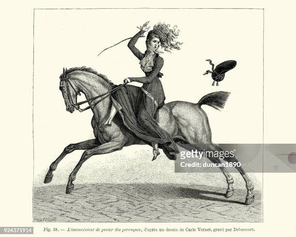 ilustrações de stock, clip art, desenhos animados e ícones de woman losing her hat while riding a horse side saddle - all horse riding