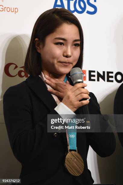 Sara Takanashi speaks during the PyeongChang Winter Olympic Games Japan Team press conference on February 26, 2018 in Tokyo, Japan.