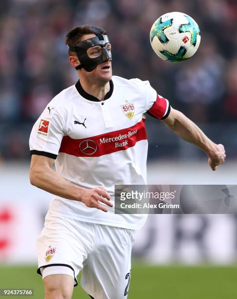Daniel Ginczek of Stuttgart controls the ball during the Bundesliga match between VfB Stuttgart and Eintracht Frankfurt at Mercedes-Benz Arena on...