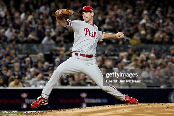 Cliff Lee of the Philadelphia Phillies throws a pitch against the New York Yankees in Game One of the 2009 MLB World Series at Yankee Stadium on...