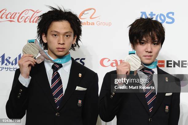 Ayumu Hirano and Shoma Uno pose with their medals during the PyeongChang Winter Olympic Games Japan Team press conference on February 26, 2018 in...