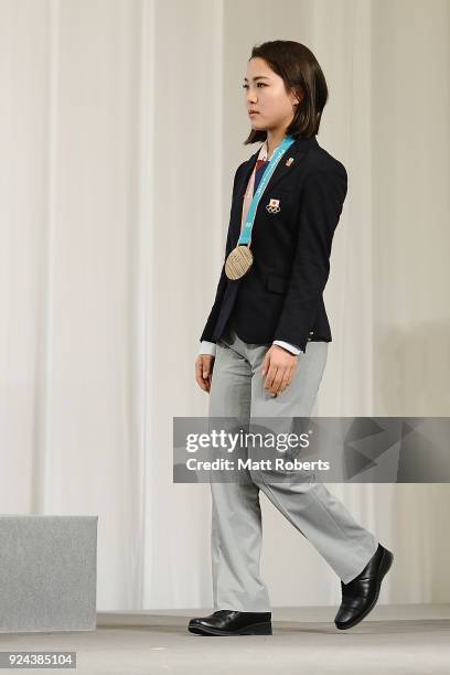 Sara Takanashi walks on stage during the PyeongChang Winter Olympic Games Japan Team press conference on February 26, 2018 in Tokyo, Japan.