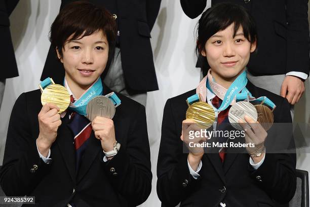 Nao Kodaira and Miho Takagi pose with their medals during the PyeongChang Winter Olympic Games Japan Team press conference on February 26, 2018 in...