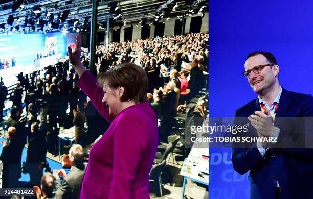 German Chancellor and leader of the Christian Democratic Union Angela Merkel waves to delegates of the conservative Christian Democratic Union party...