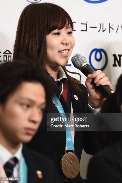 Yurika Yoshida speaks during the PyeongChang Winter Olympic Games Japan Team press conference on February 26, 2018 in Tokyo, Japan.