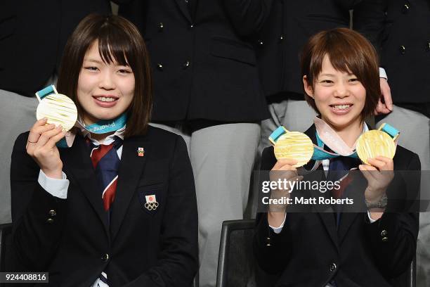 Ayano Sato and Nana Takagi pose with their medals during the PyeongChang Winter Olympic Games Japan Team press conference on February 26, 2018 in...