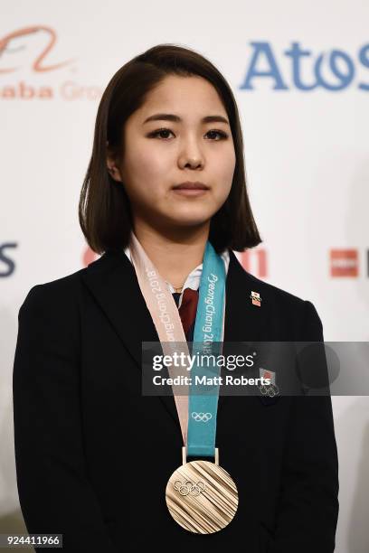 Sara Takanashi looks on during the PyeongChang Winter Olympic Games Japan Team press conference on February 26, 2018 in Tokyo, Japan.